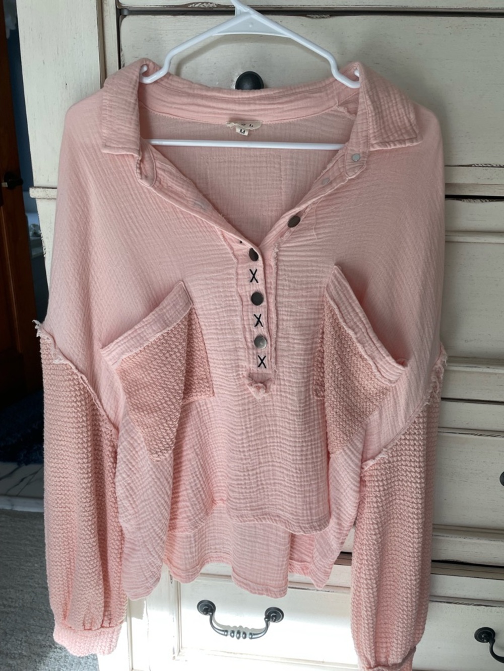 POL Light Pink Relaxed Boho Waffle Knit Button Down Spring 100% Cotton Pullover